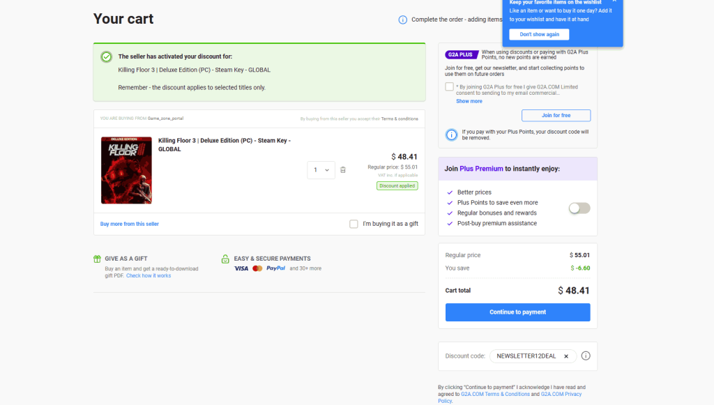 Example of applying a G2A promo code for 12% discount